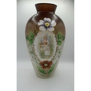 Antique Hand Painted Vase Art Glass Victorian Woman Floral Scene Tall